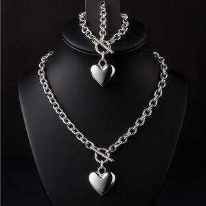Silver Toggle Heart Pendant Necklace and Bracelet Set